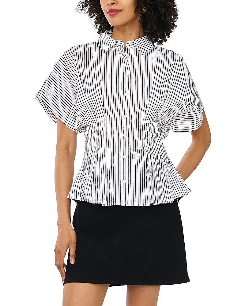 Cotton Pleat Waist Dolman Sleeve Button Up Shirt