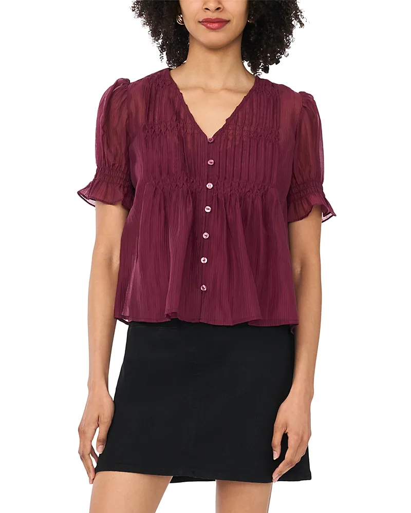 Pleated Ruffled Puffed Sleeve Blouse