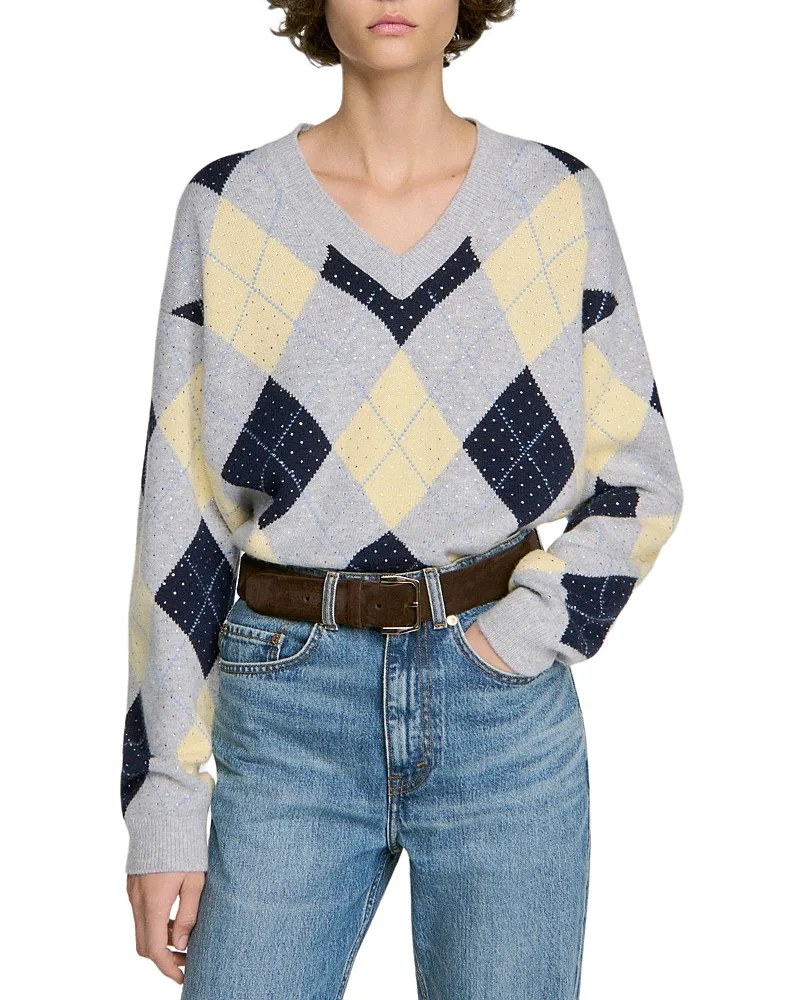 Jennie Wool Rhinestone Argyle Sweater by Sandro