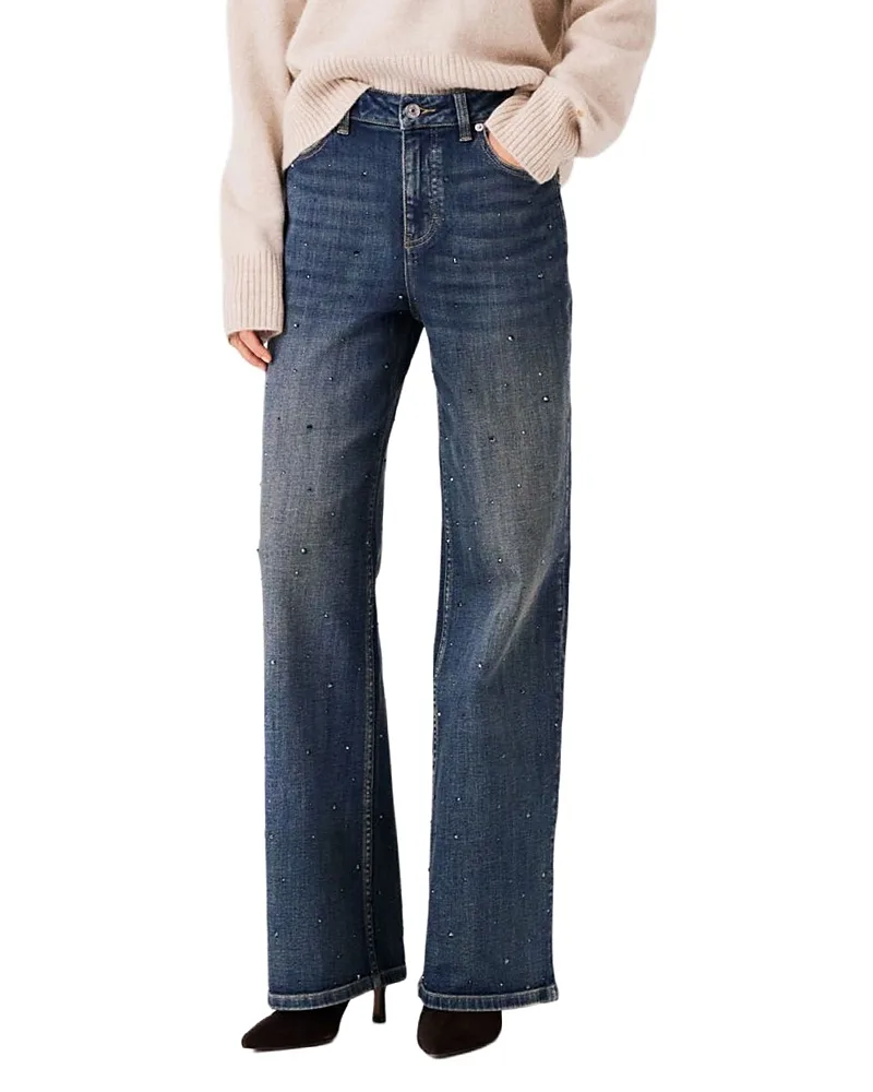 Rhinestone High Rise Wide Leg Jeans by Maje