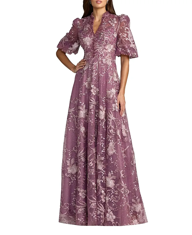 Mac Duggal Queen Anne Puff Sleeve a Line Gown by M.A.C.