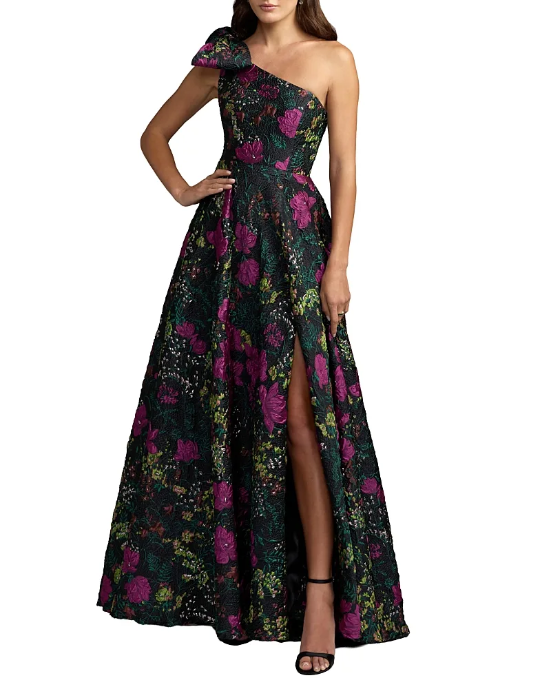 Mac Duggal One Shoulder Brocade Floral Gown with Bow by M.A.C.