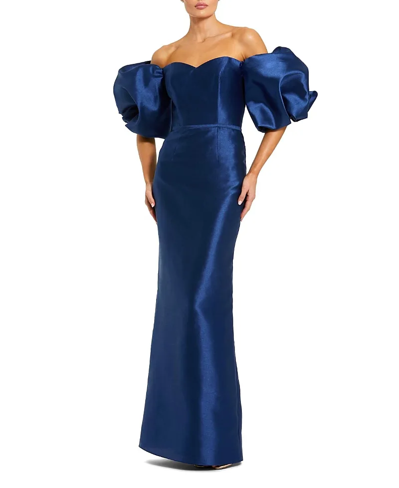 Mac Duggal Off the Shoulder Puff Sleeve Satin Evening Gown by M.A.C.