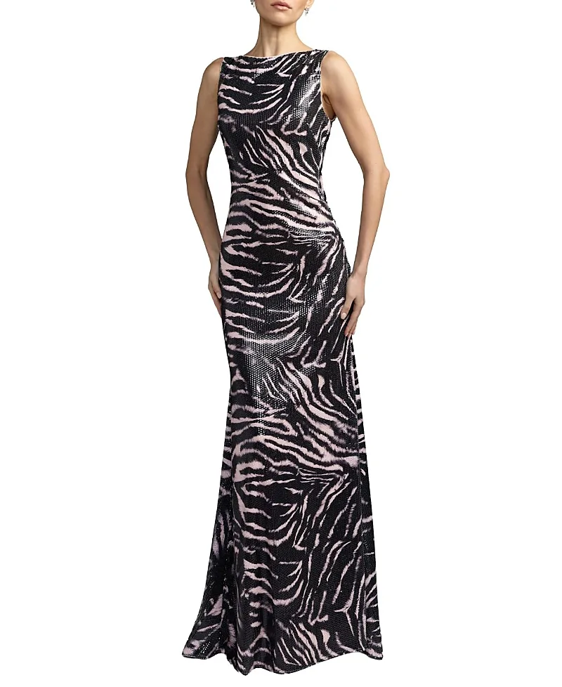Mac Duggal Tiger Print Cowl Back Sequin Gown by M.A.C.
