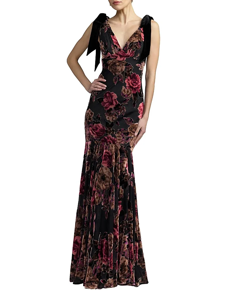 Mac Duggal Floral Velvet Bow Detail Mermaid Gown by M.A.C.