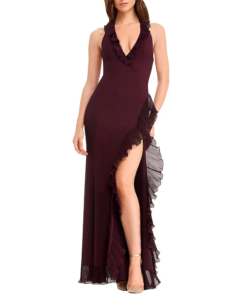 Kathleen Halter Plunge Ruffle Slit Gown by Dress the Population