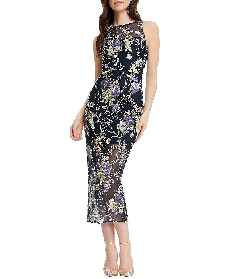 Helena Bateau Neck Floral Embroidered Sheer Overlay Midi Dress by Dress the Population