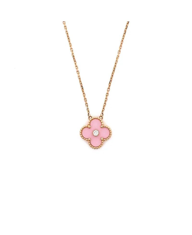 Pre-Owned Van Cleef & Arpels Vintage Alhambra Pendant Necklace 18K Rose Gold and Pink Sevres Porcelain with Diamond, 16.5 by Pre-owned Van Cleef & Arpels