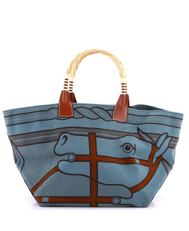 Pre-Owned Sac Steeple Tote Printed Toile with Wood by Hermes