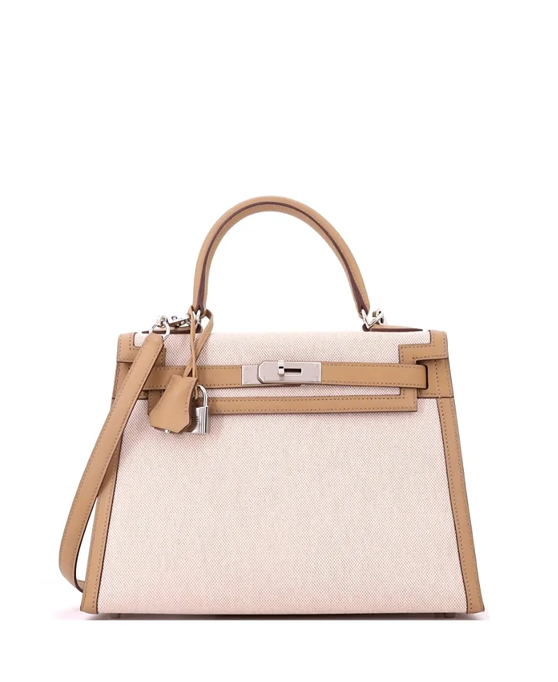 Pre-Owned Kelly 28 Handbag Toile and Swift with Palladium Hardware by Hermes