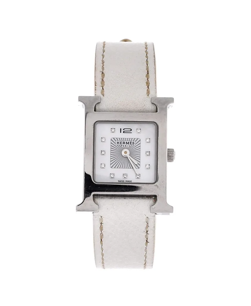 Pre-Owned Hermes Heure H Quartz Watch in Stainless Steel and Leather with Diamond Markers and Mother of Pearl 21mm by Hermes