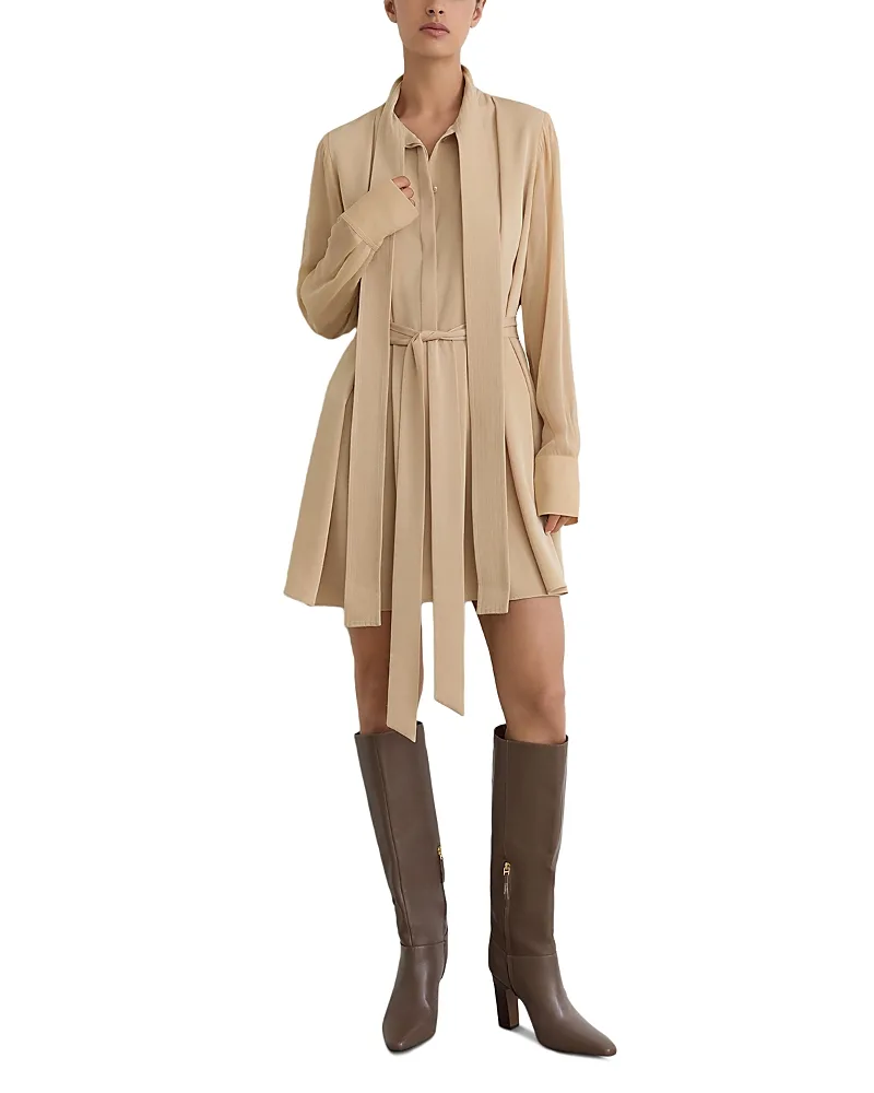 Tie Neck Pleated Mini Dress by Reiss