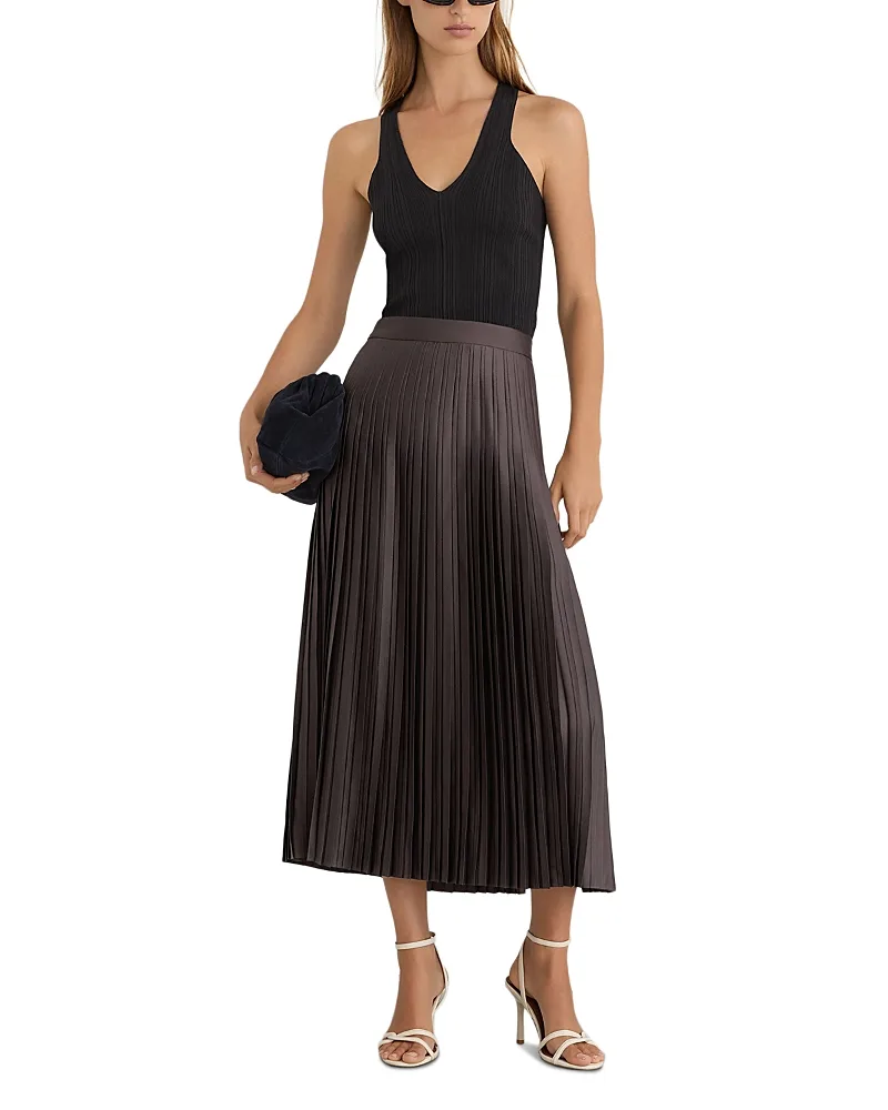 Savannah Satin Pleated Midi Skirt by Reiss