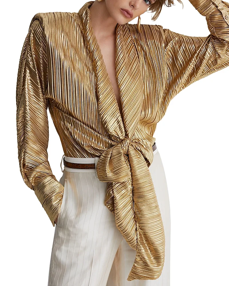 Metallic Tie Front Plisse Top by Reiss