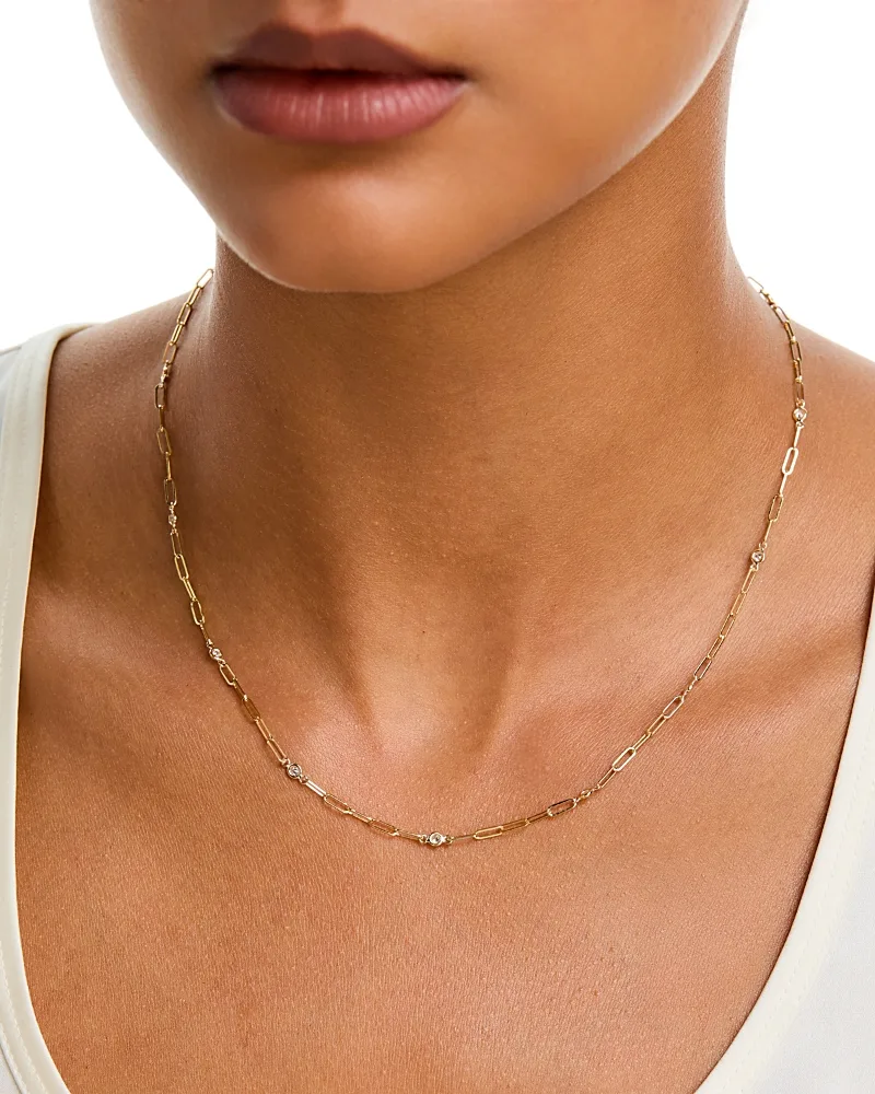 Diamond Station Paperclip Chain Necklace in 14K Yellow Gold, 0.50 Tcw