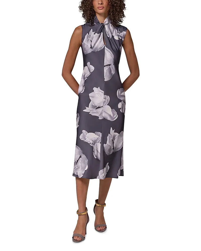 Printed Twist Neck Midi Dress by Donna Karan New York