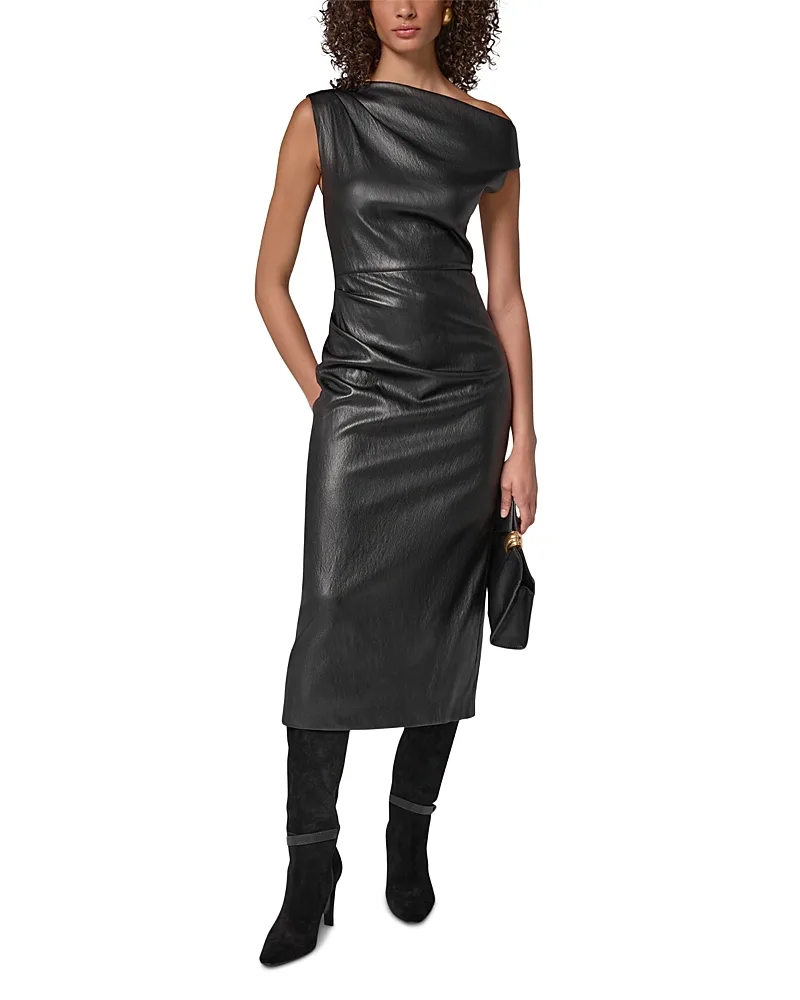 Draped Faux Leather Midi Dress