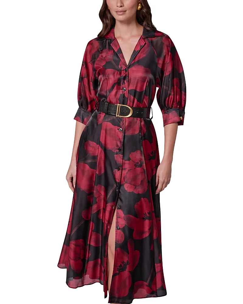 Floral Organza Belted Midi Shirt Dress by Donna Karan New York