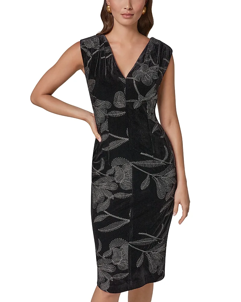 Embroidered Floral Velvet Sheath Dress by Donna Karan New York