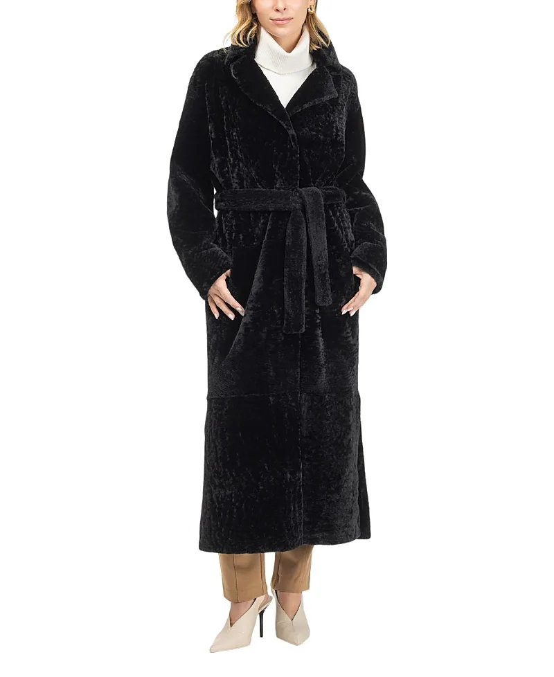 Reversible Textured Shearling Lamb Coat with Side Slits, Belt by Gorski