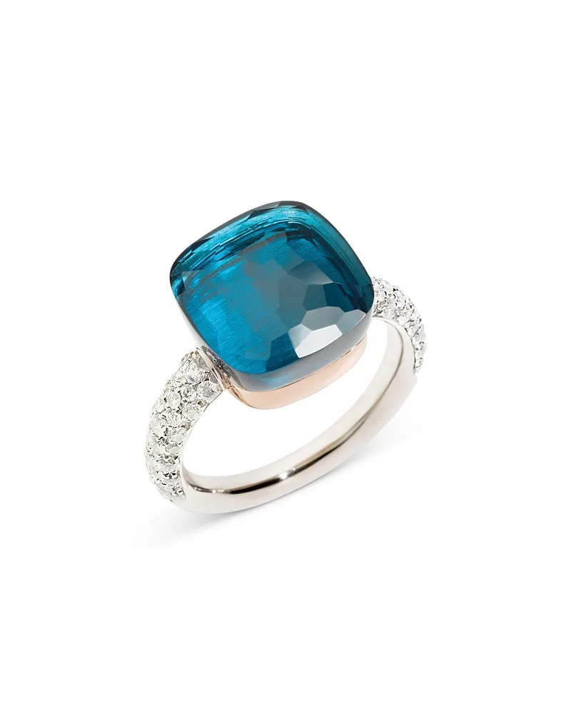 18K Rose & White Gold Nudo London Blue Topaz & Diamond Pave Ring