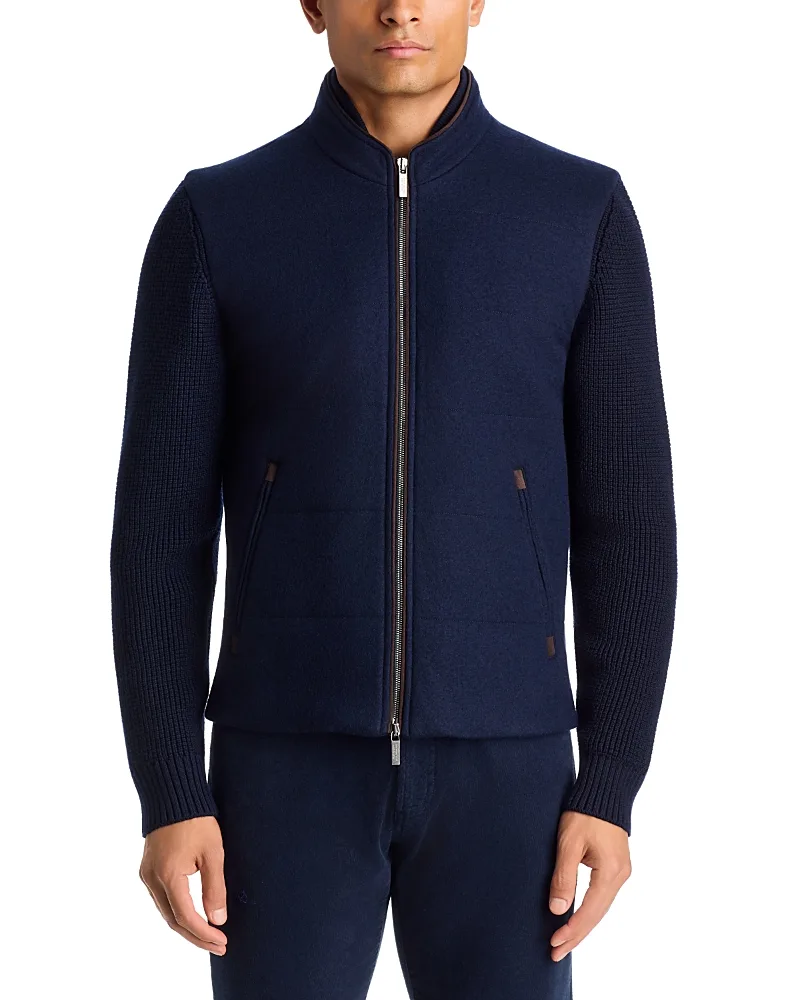 Wool Flannel Channel Quilt Blouson with Knit Sleeves