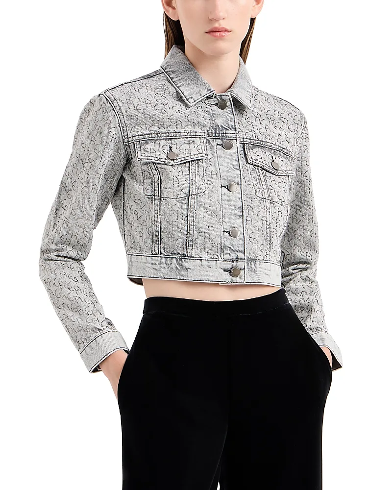 Emporio Armani Rhinestone Logo Cropped Denim Jacket by Armani