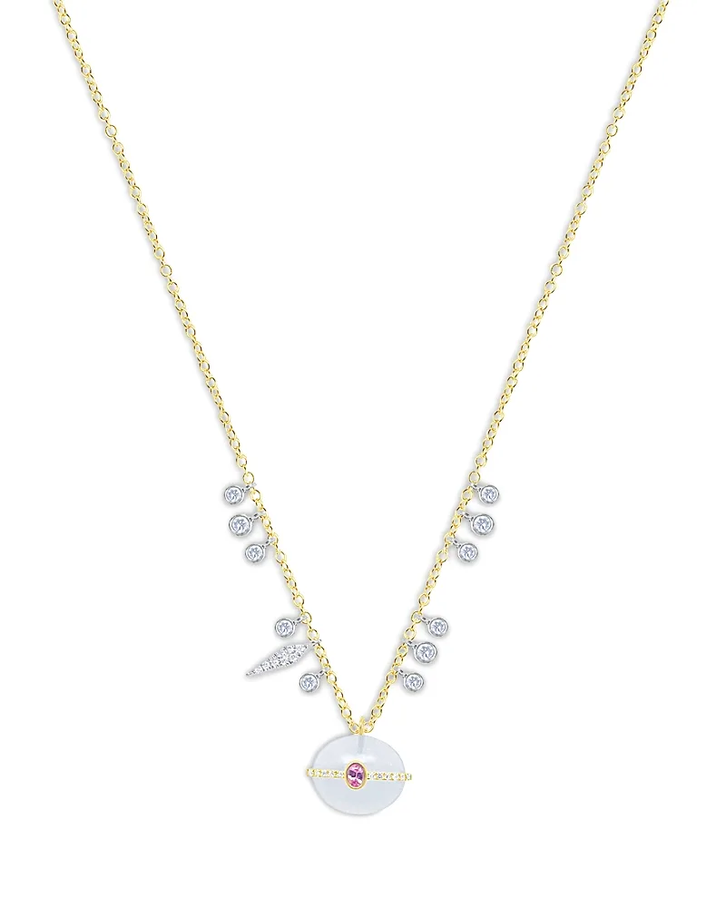 14K White & Yellow Gold Chalcedony, Pink Sapphire & Diamond Pendant Necklace, 16-18