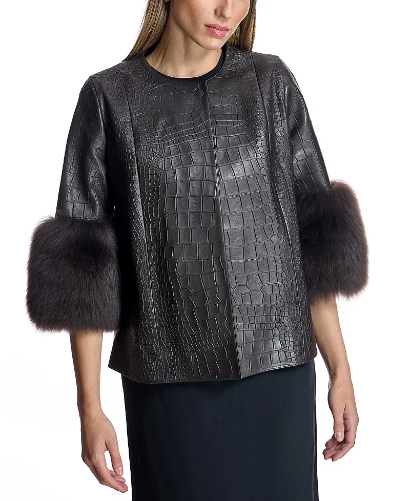 Croc Embossed Leather Jacket with Shearling Lamb Cuff Trim by Maximilian