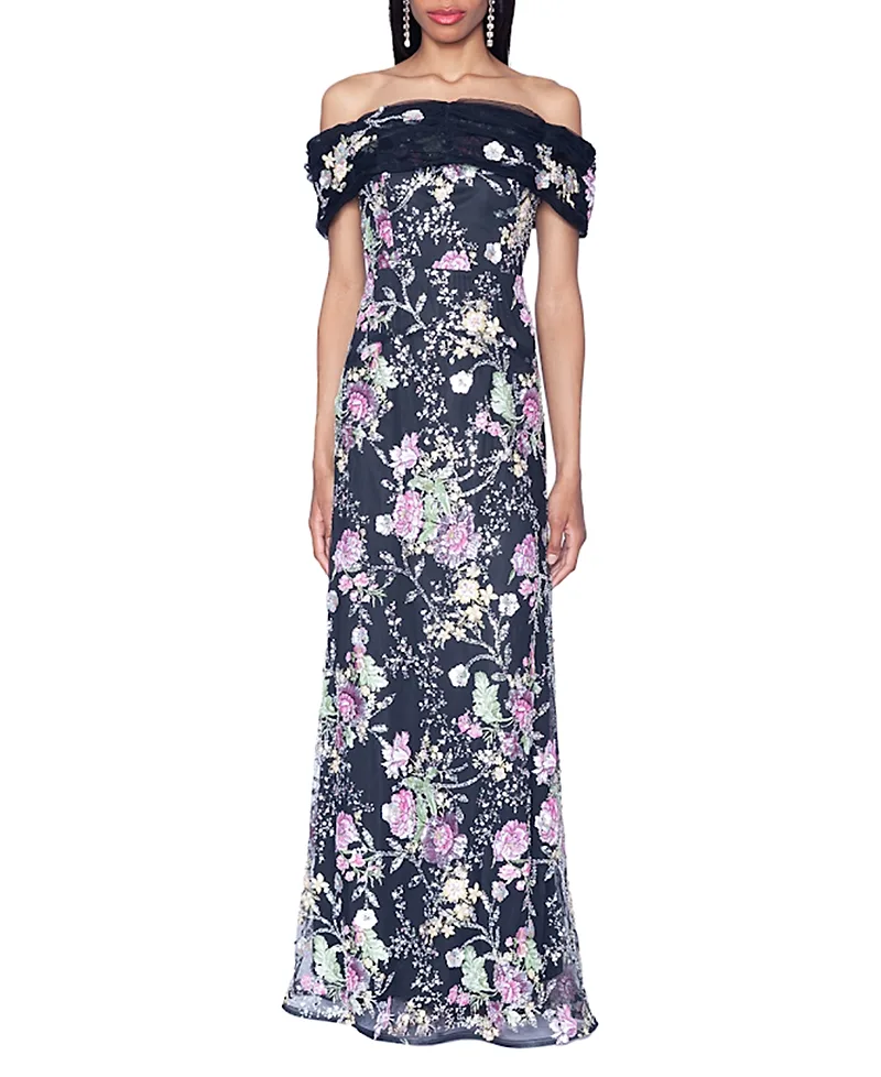 V-Neck Off the Shoulder Novelty Embroidery Gown by Shani