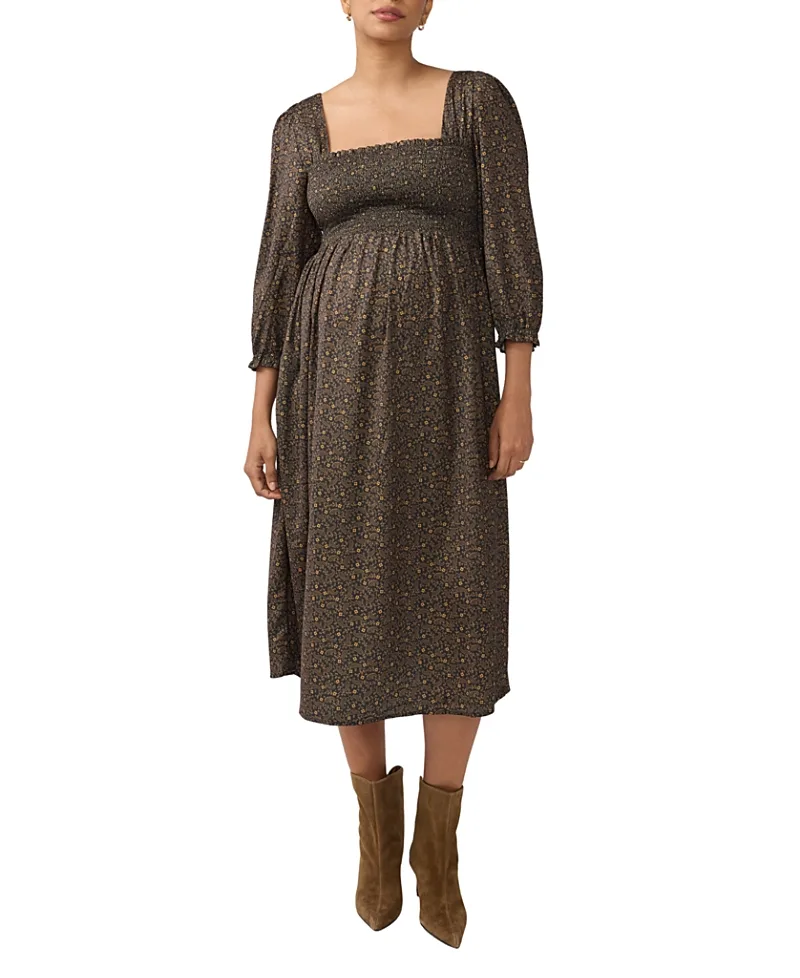 Smocked Sateen Maternity and Nursing Midi Dress by Ingrid & Isabel