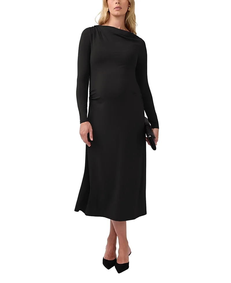 Ruched Mock Neck Maternity Midi Dress by Ingrid & Isabel