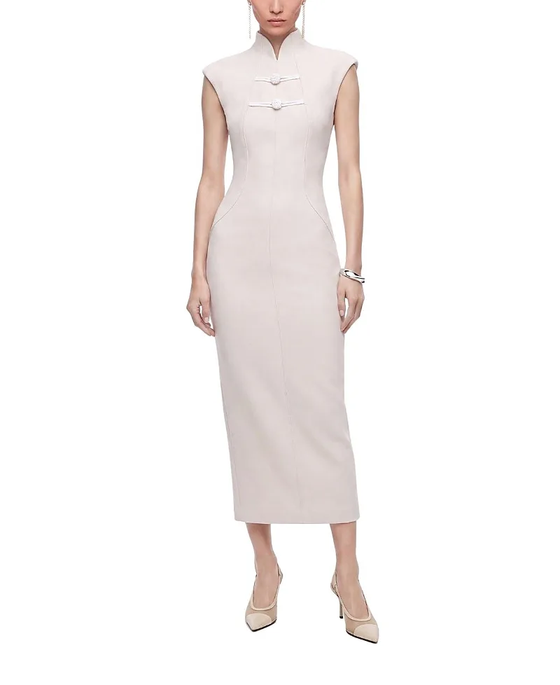 Padded Shoulder Button Detail Maxi Dress by Nocturne