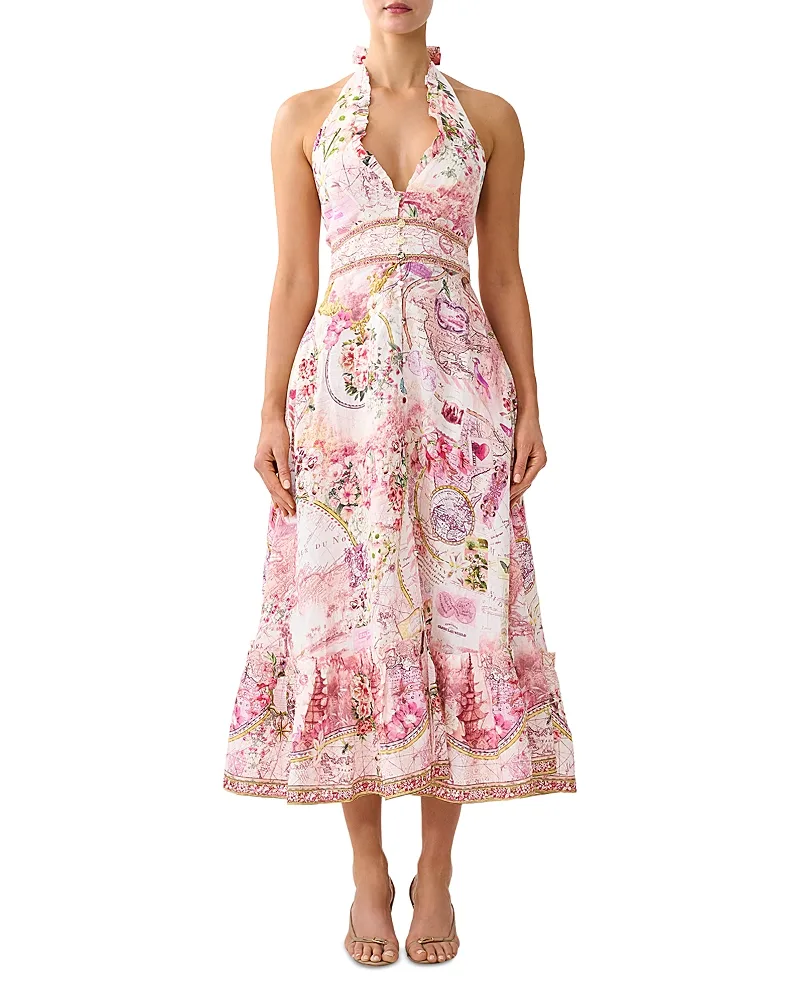 Linen Ruffle Halter Neck Midi Dress by Camilla