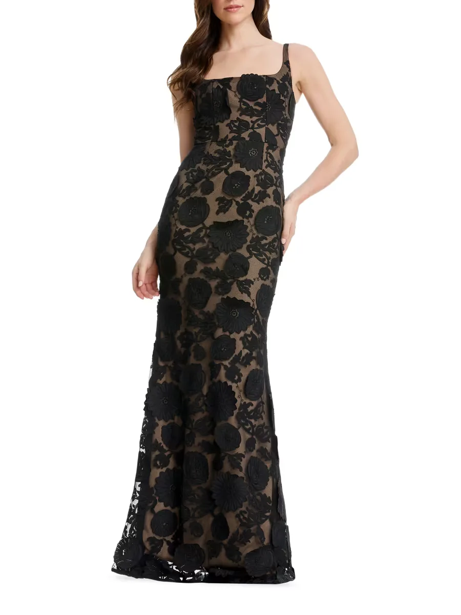 Lorena Floral-Embroidered Mesh Gown by Dress the Population