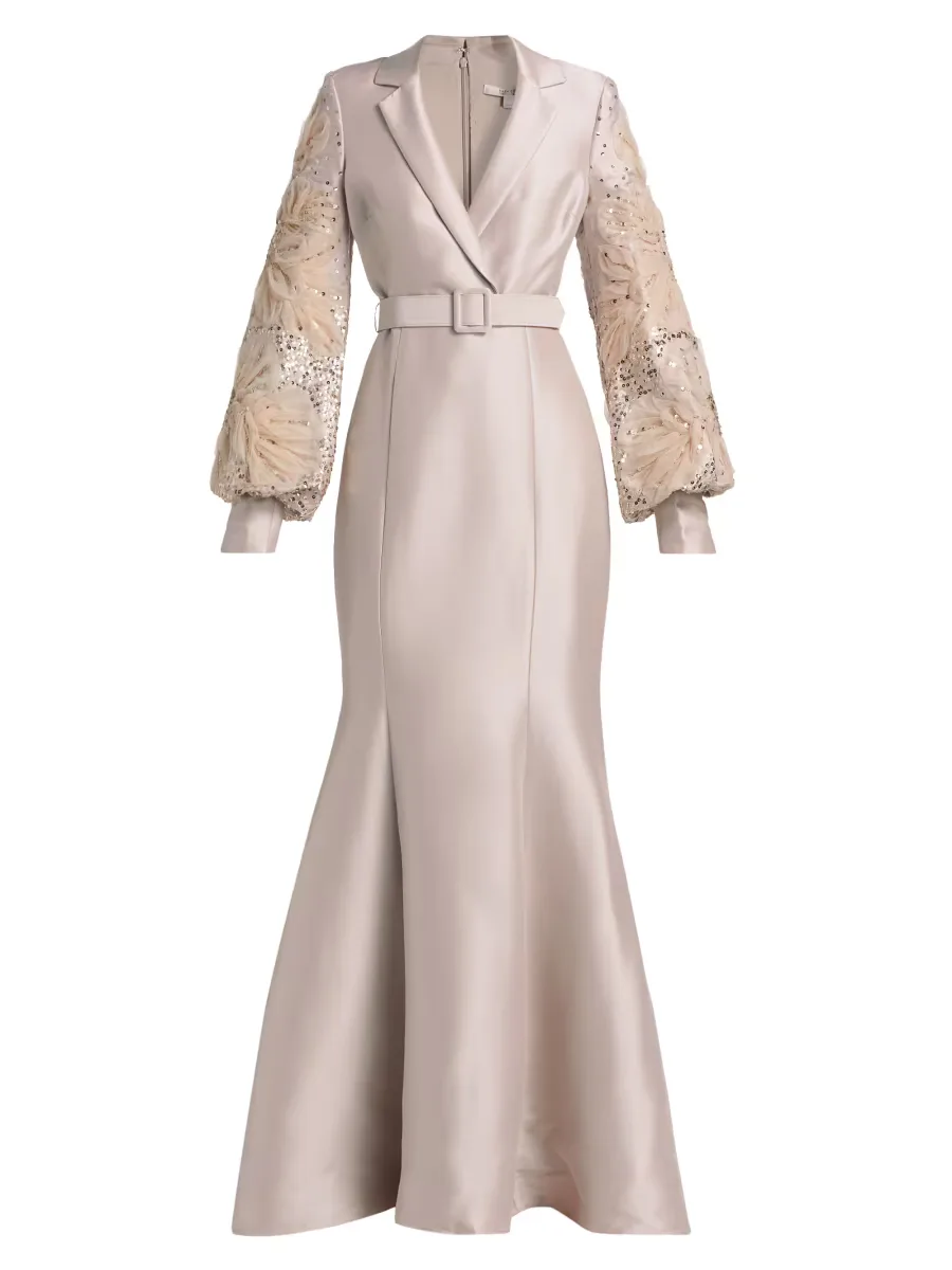 Beaded Tulle-Sleeve Blazer Mermaid Gown by Badgley Mischka