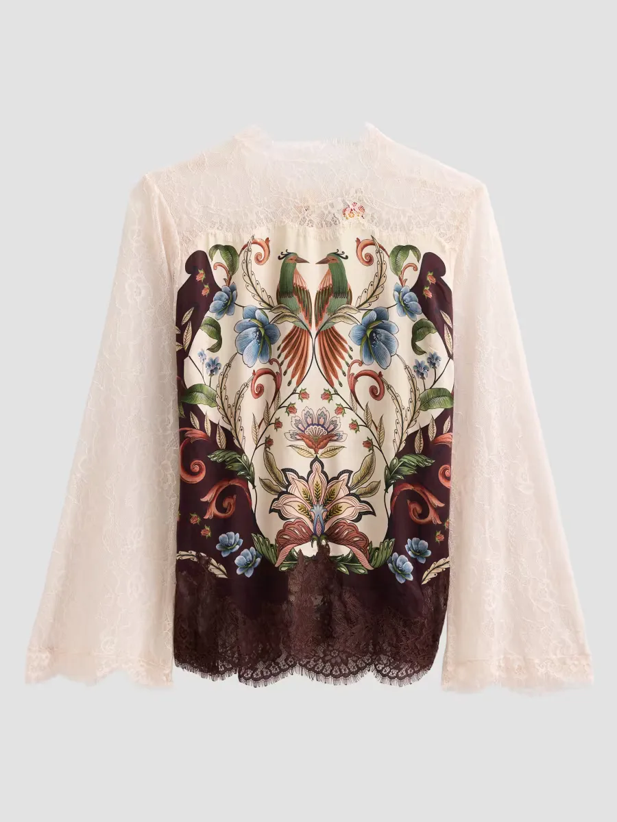 Millena Botanical Print Satin-Lace Blouse by FARM Rio