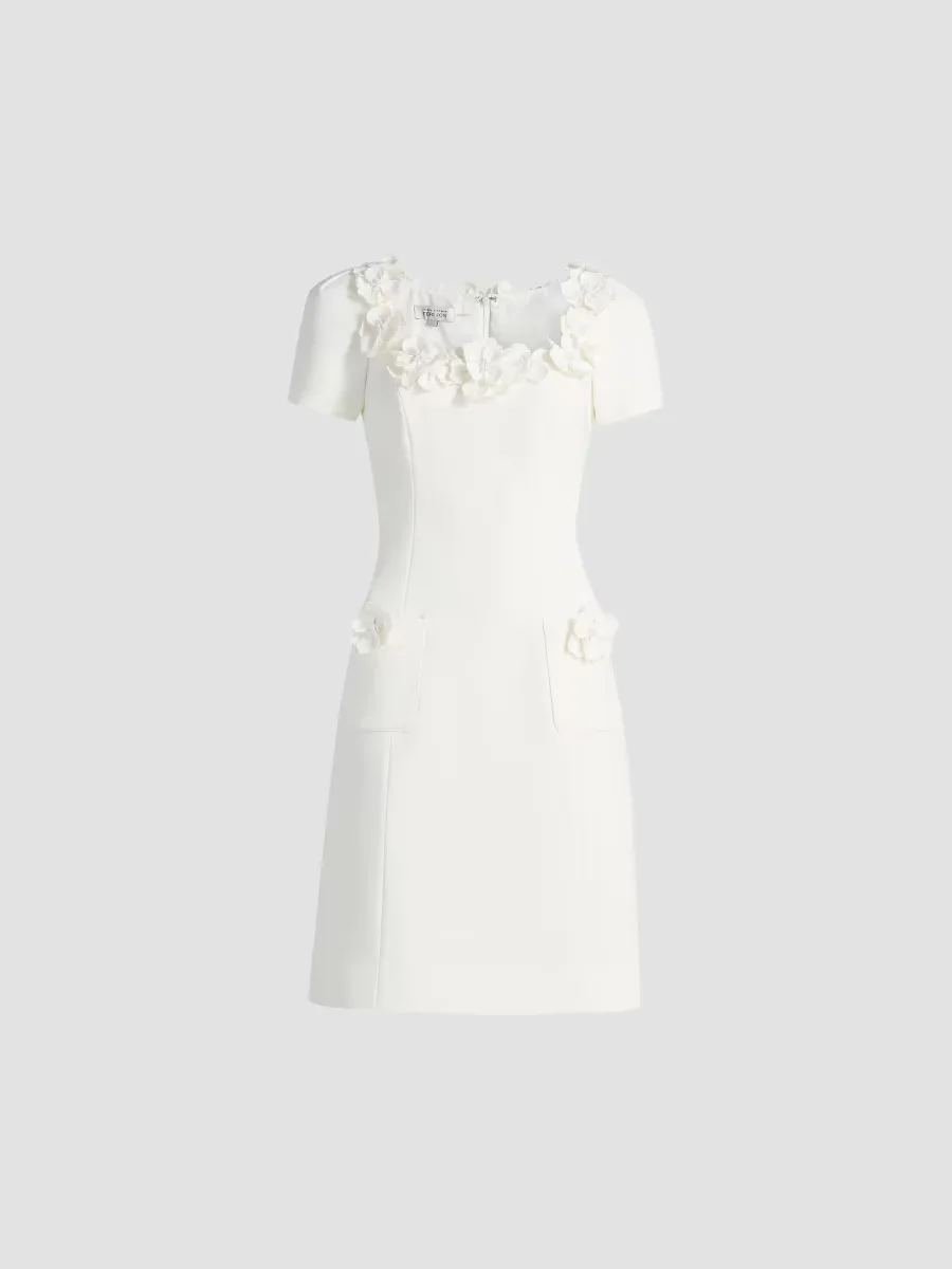 Crepe 3D Flower Imitation Pearl-Trim Minidress by Teri Jon