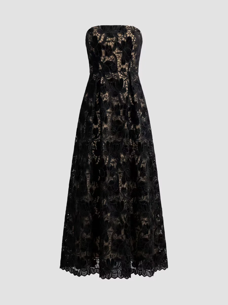 Mac Duggal Velvet Floral Lace Strapless Midi Dress