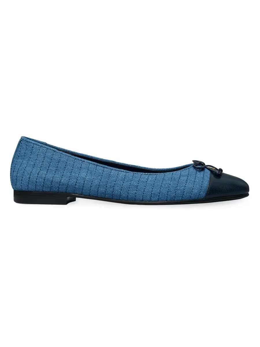 Leather & Quilted Denim Cap-Toe Ballet Flats by Tory Burch