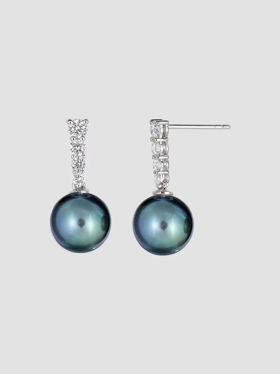 18K White Gold, Tahitian Pearl & 0.54 TCW Diamond Drop Earrings by BELPEARL