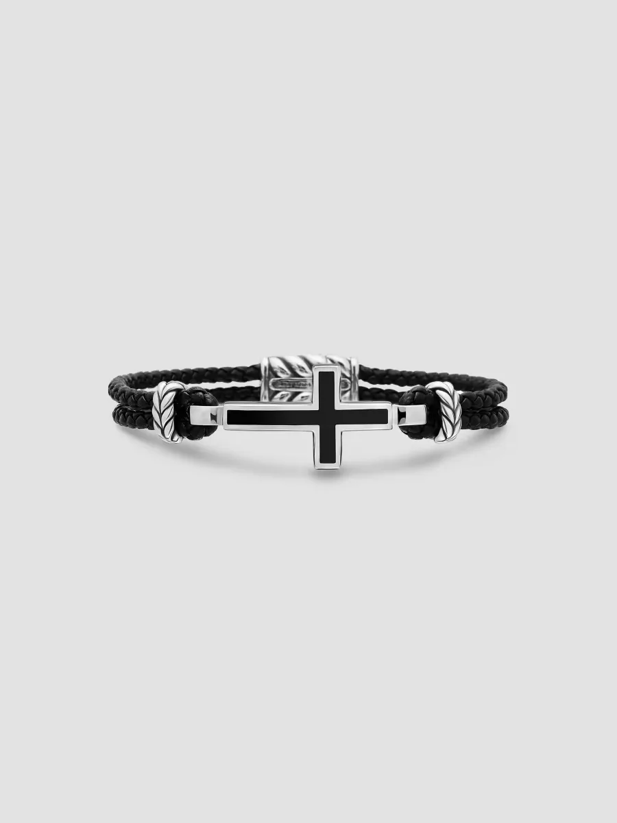 Exotic Stone Cross Bracelet in Black Leather - Black Onyx