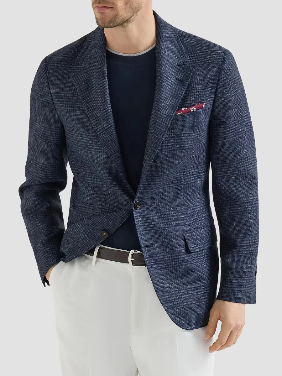 Wool, Silk and Linen Prince of Wales Deconstructed Blazer - Denim