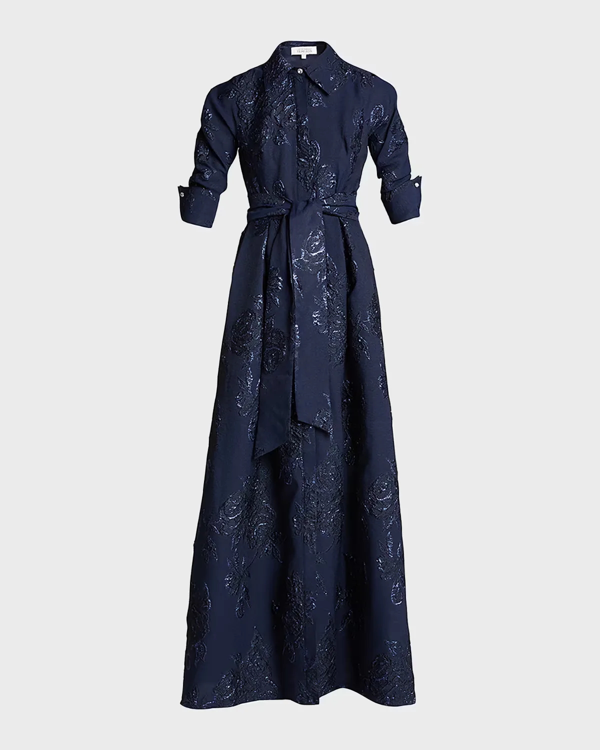 Belted Jacquard Shirtdress Gown by Teri Jon
