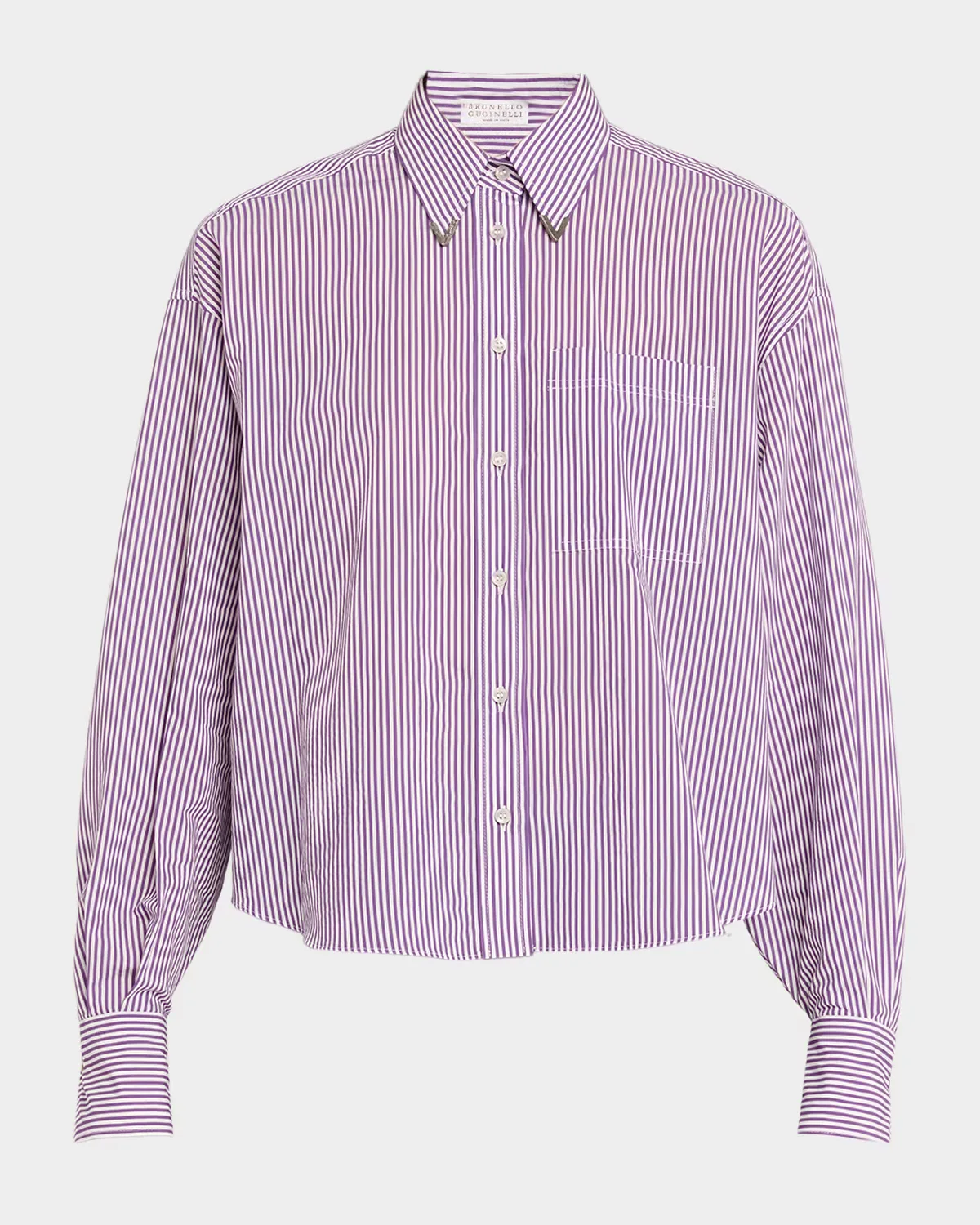 Techno Cotton Button-Front Top with Brass Trim by Brunello Cucinelli
