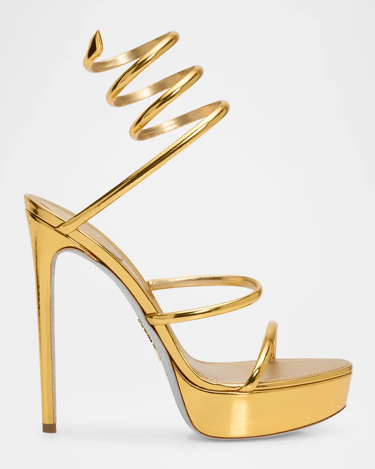 130mm Metallic Leather Platform Snake-Wrap Sandals by Rene Caovilla