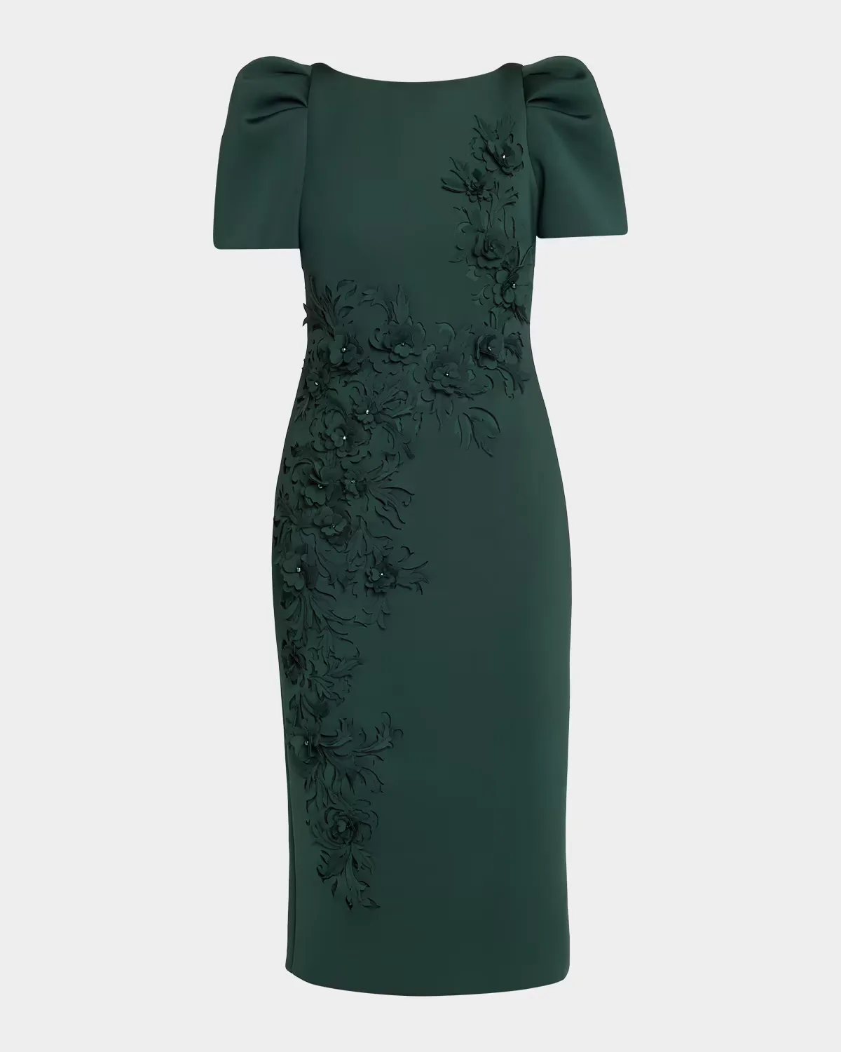 Puff-Sleeve Floral Stretch Scuba Midi Dress by Badgley Mischka