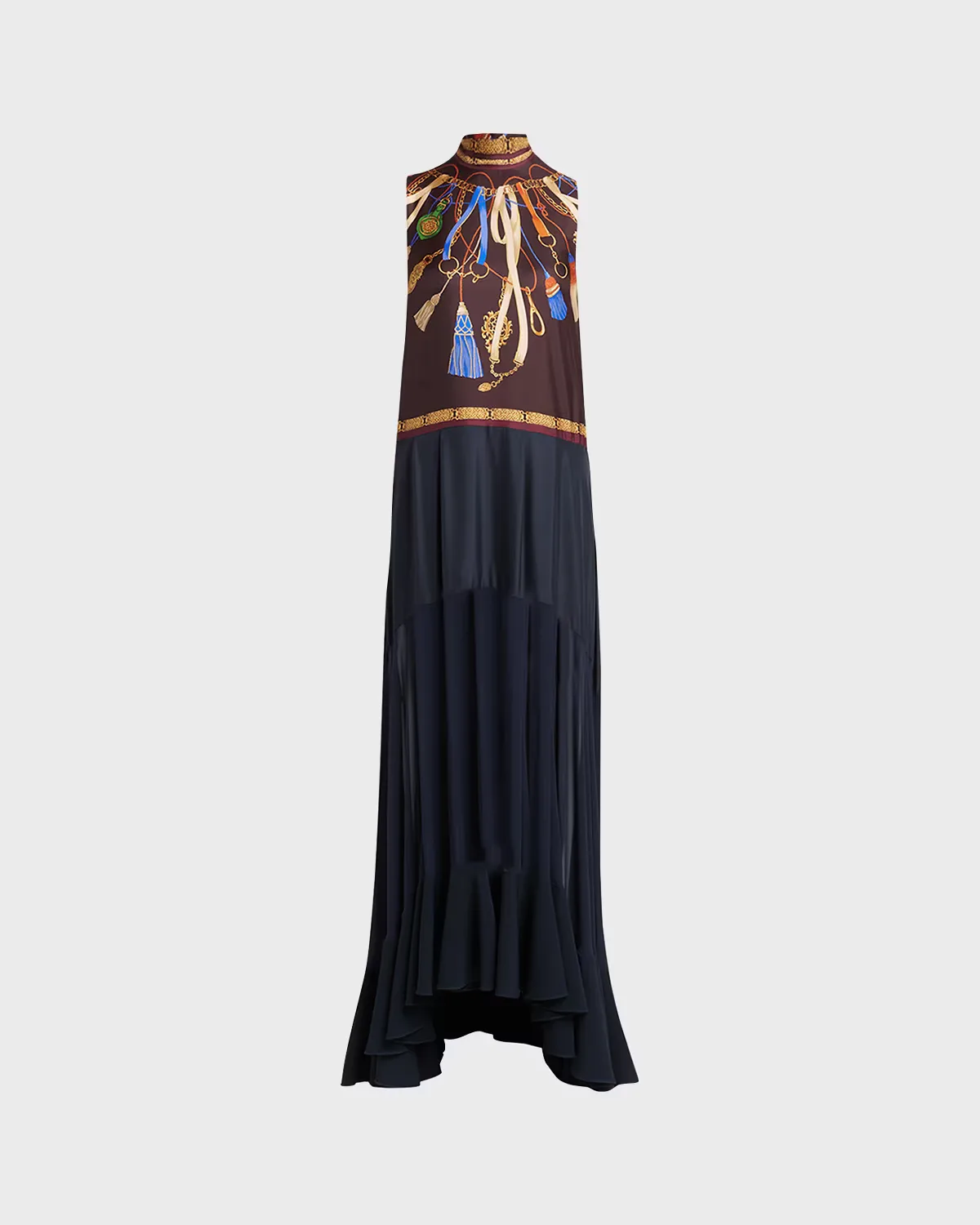 Mock-Neck Foulard-Print Sheer Panel Maxi Dress