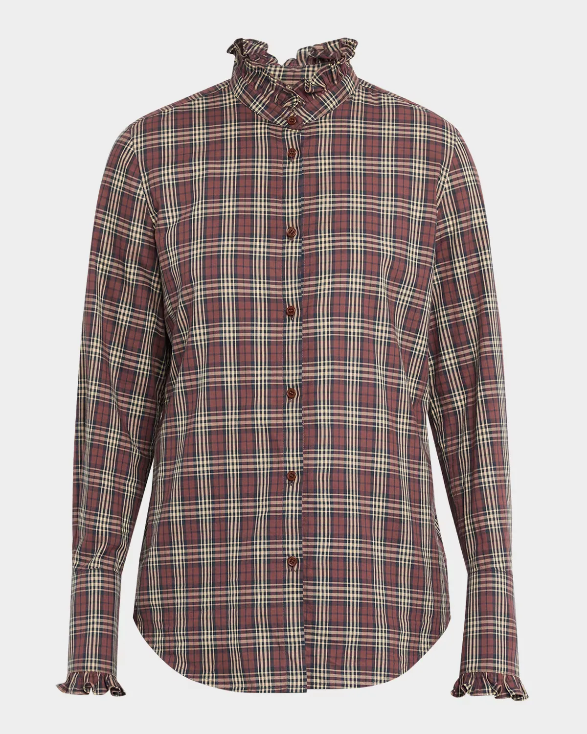 Elio Ruffle-Trim Cotton Plaid Shirt by Nili Lotan