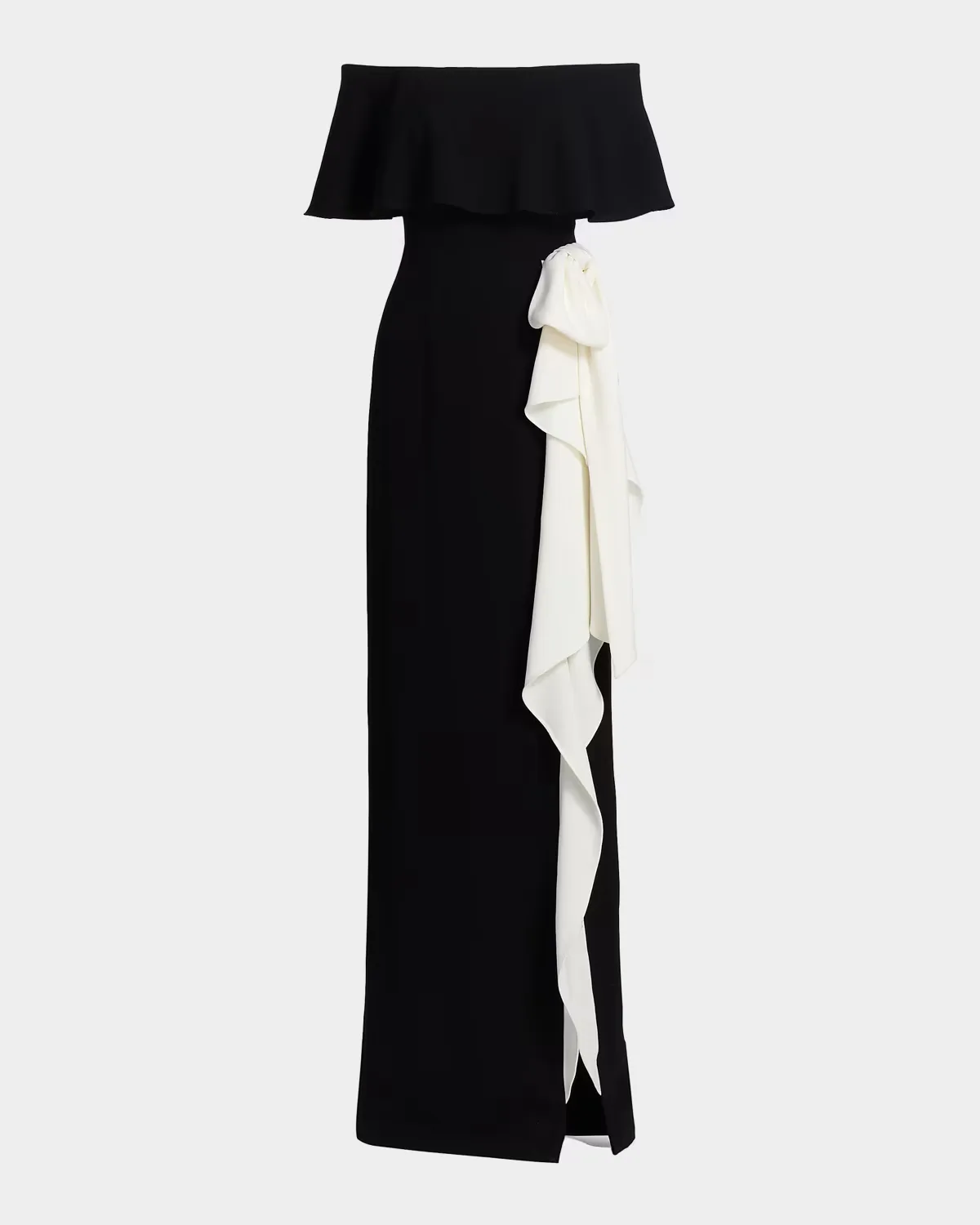 Two-Tone Bow Off-The-Shoulder Column Gown by Teri Jon